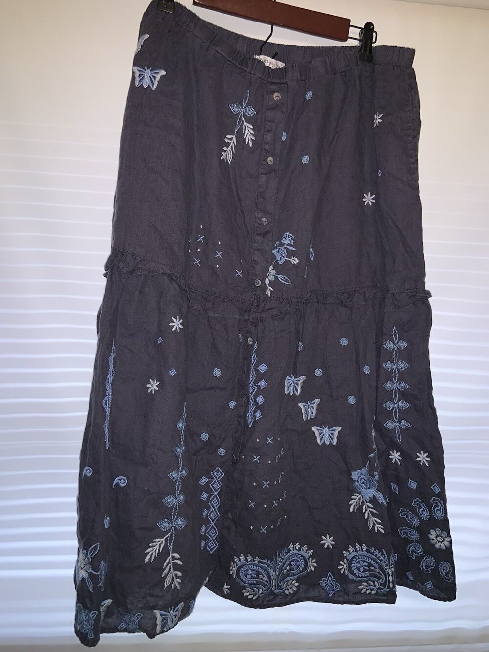 Johnny Was JW Los Angeles Midi Skirt Navy Linen Embroidered Women's Size XL